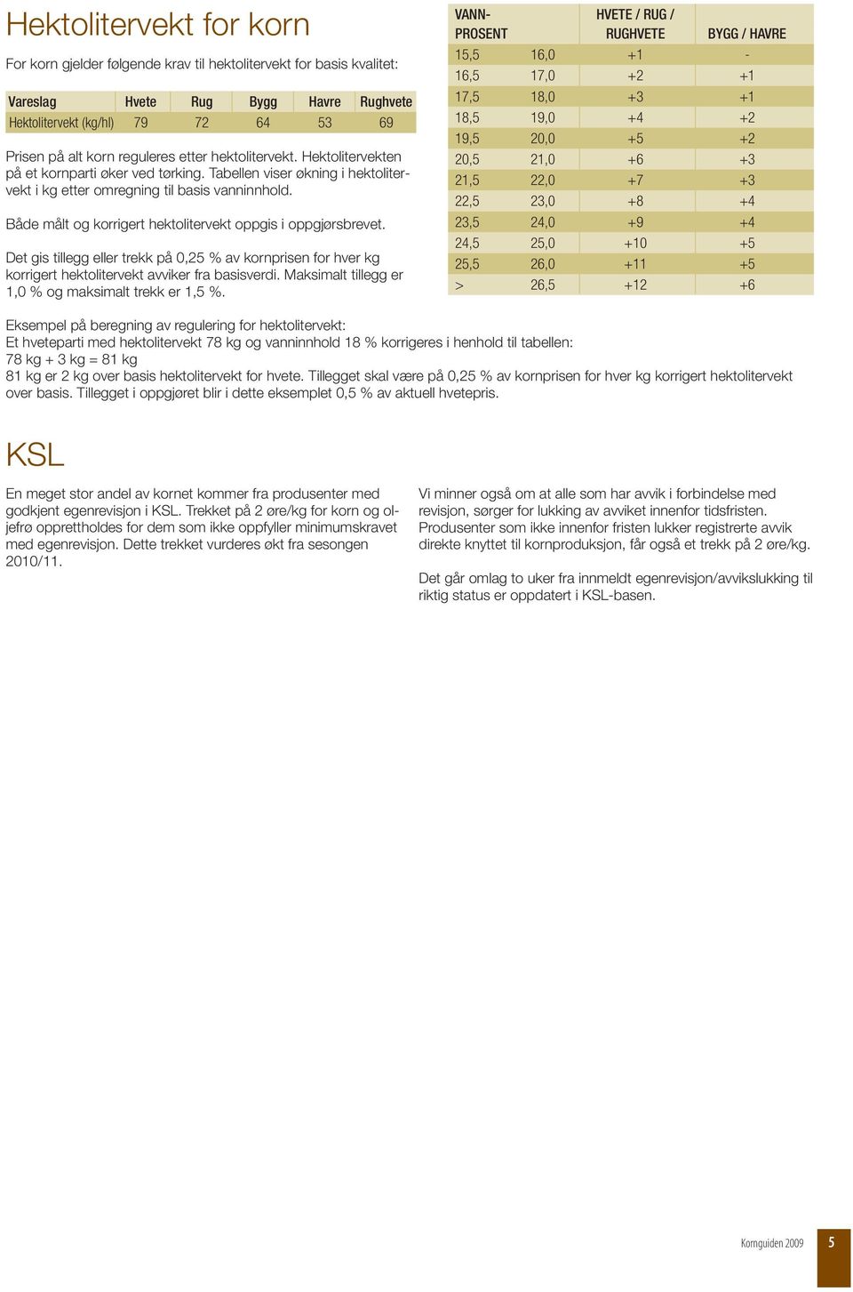 Både målt og korrigert hektolitervekt oppgis i oppgjørsbrevet. Det gis tillegg eller trekk på 0,25 % av kornprisen for hver kg korrigert hektolitervekt avviker fra basisverdi.