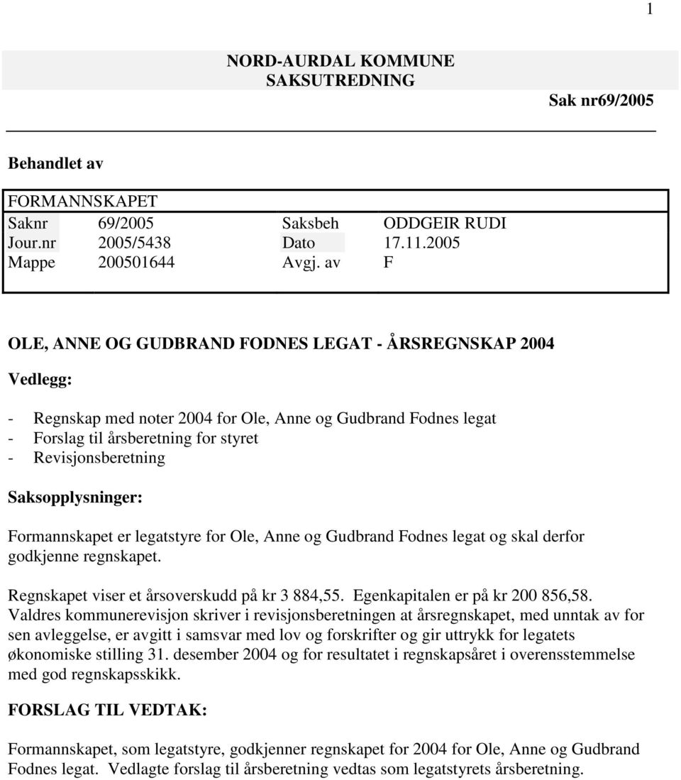 Anne og Gudbrand Fodnes legat og skal derfor godkjenne regnskapet. Regnskapet viser et årsoverskudd på kr 3 884,55. Egenkapitalen er på kr 200 856,58.