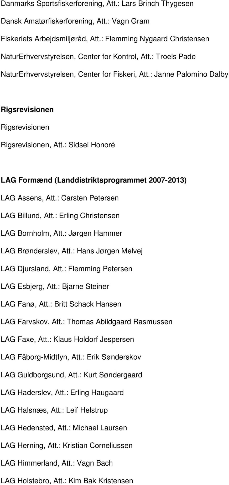 : Janne Palomino Dalby Rigsrevisionen Rigsrevisionen Rigsrevisionen, Att.: Sidsel Honoré LAG Formænd (Landdistriktsprogrammet 2007-2013) LAG Assens, Att.: Carsten Petersen LAG Billund, Att.