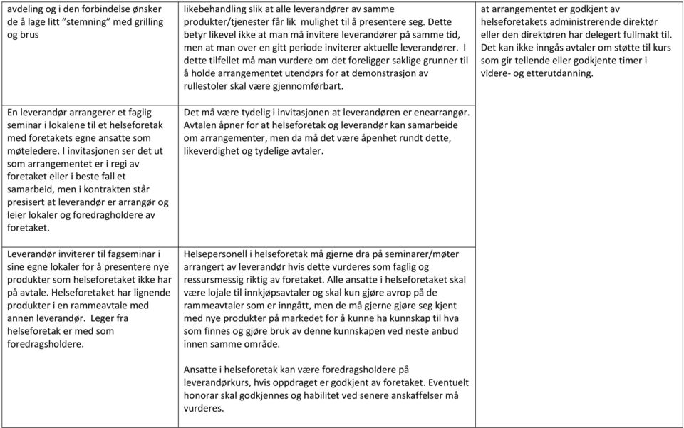 foretaket. Leverandør inviterer til fagseminar i sine egne lokaler for å presentere nye produkter som helseforetaket ikke har på avtale.