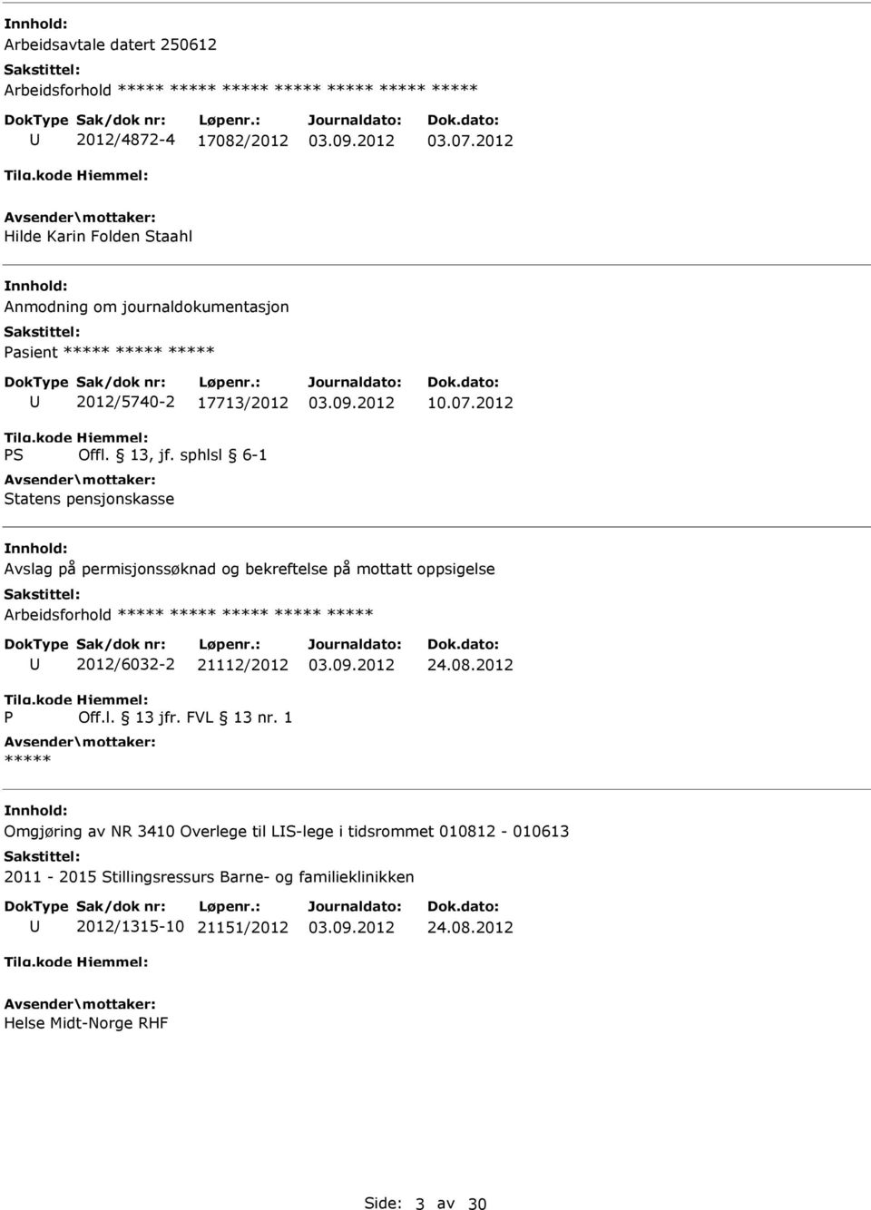 10.07.2012 Avslag på permisjonssøknad og bekreftelse på mottatt oppsigelse P 2012/6032-2 21112/2012 Off.l. 13 jfr. FVL 13 nr.