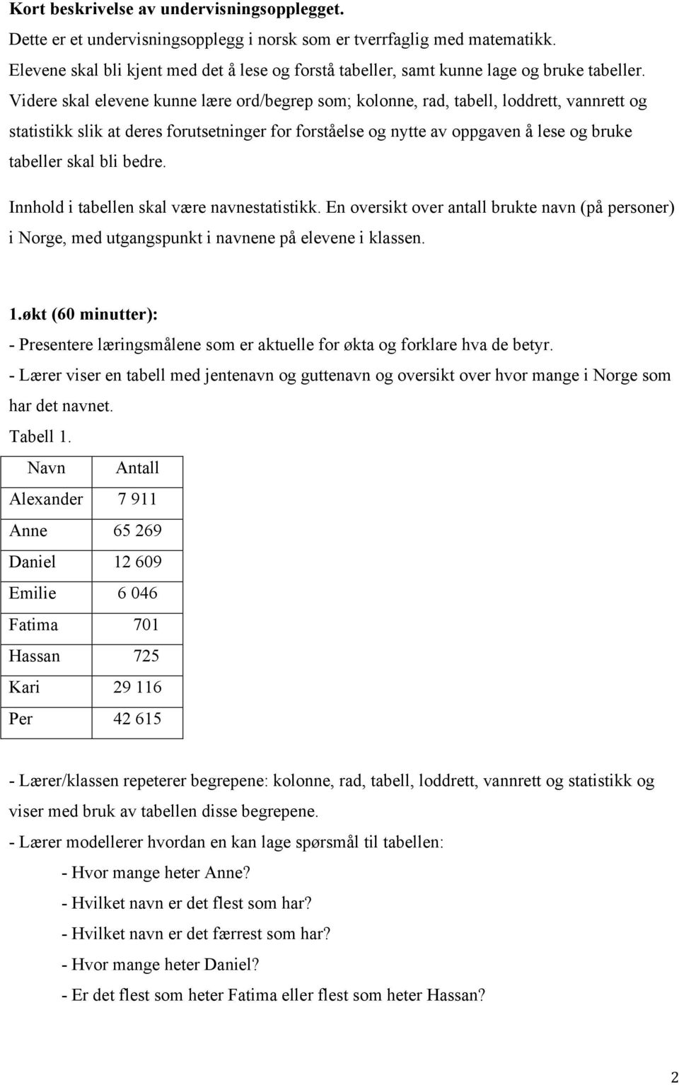 Videre skal elevene kunne lære ord/begrep som; kolonne, rad, tabell, loddrett, vannrett og statistikk slik at deres forutsetninger for forståelse og nytte av oppgaven å lese og bruke tabeller skal