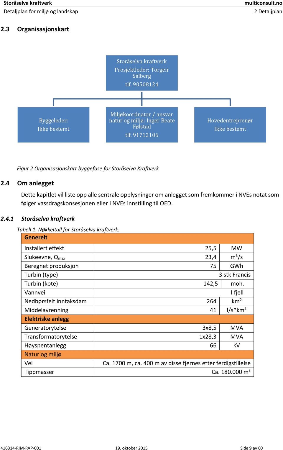 4 Om anlegget Dette kapitlet vil liste opp alle sentrale opplysninger om anlegget som fremkommer i NVEs notat som følger vassdragskonsesjonen eller i NVEs innstilling til OED. 2.4.1 Storåselva kraftverk Tabell 1.