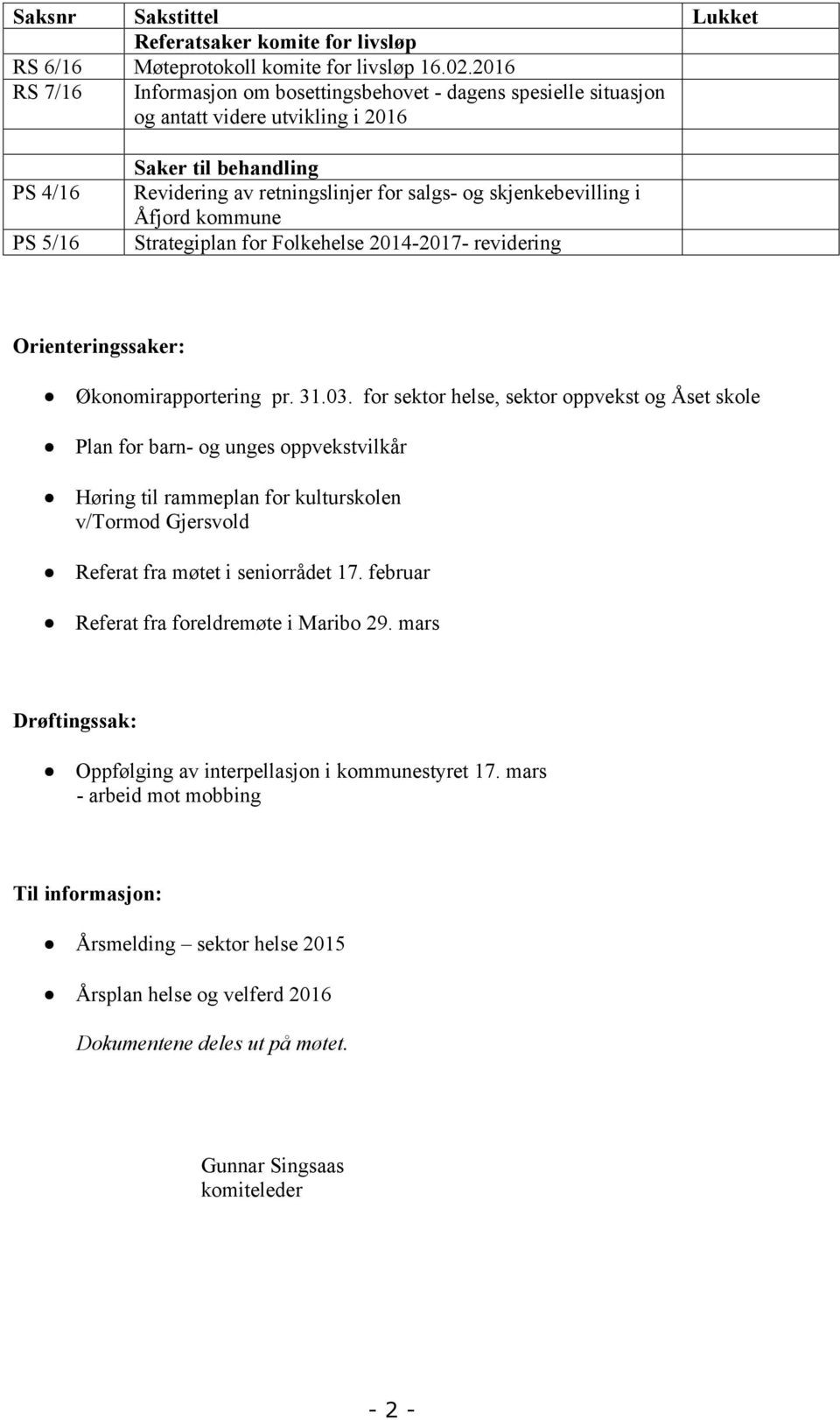 skjenkebevilling i Åfjord kommune Strategiplan for Folkehelse 2014-2017- revidering Orienteringssaker: Økonomirapportering pr. 31.03.