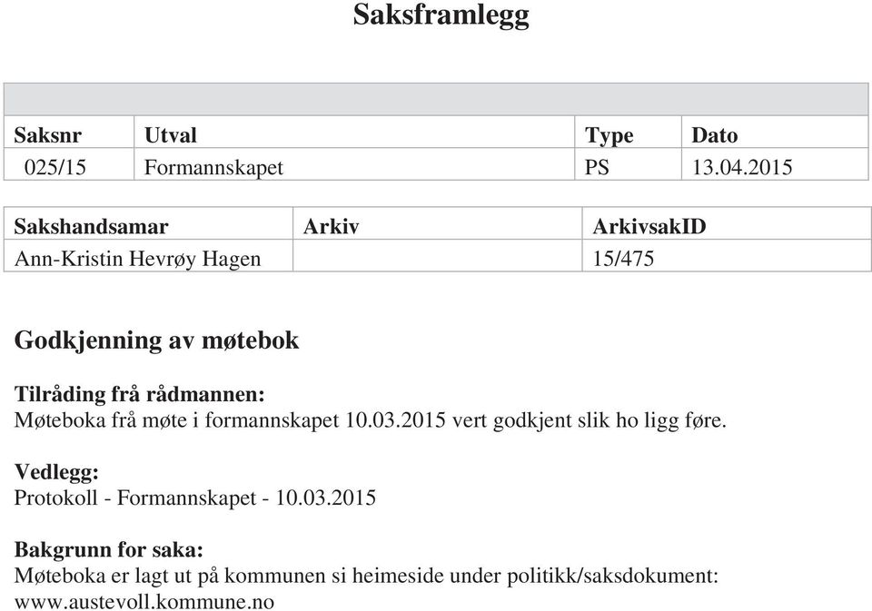 rådmannen: Møteboka frå møte i formannskapet 10.03.2015 vert godkjent slik ho ligg føre.