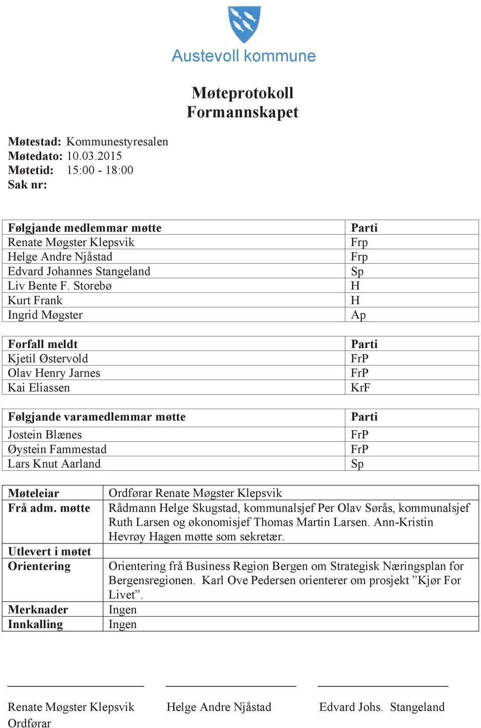 Storebø Kurt Frank Ingrid Møgster Forfall meldt Kjetil Østervold Olav Henry Jarnes Kai Eliassen Følgjande varamedlemmar møtte Jostein Blænes Øystein Fammestad Lars Knut Aarland Parti Frp Frp Sp H H