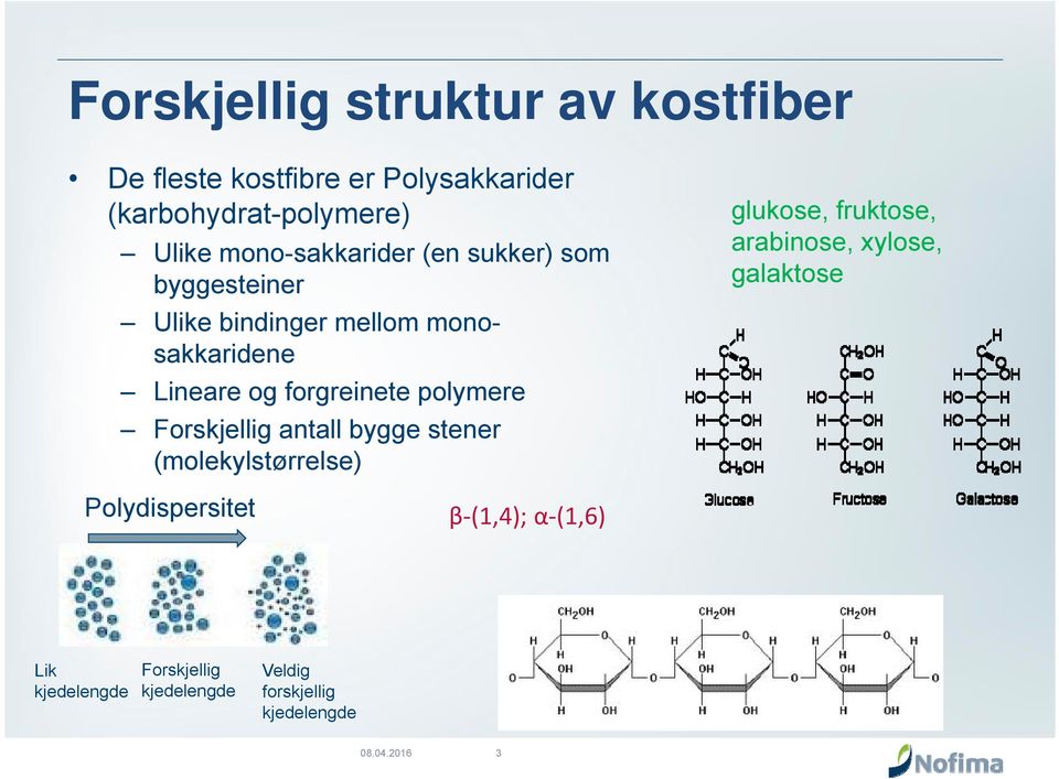 polymere Forskjellig antall bygge stener (molekylstørrelse) glukose, fruktose, arabinose, xylose, galaktose