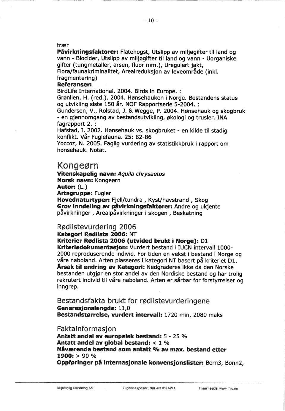 Bestandens status og utvikling siste 150 år. NOF Rapportserie 5-2004. : Gundersen, V., Rotstad, 3. & Wegge, P. 2004. Hønsehauk og skogbruk - en gjennomgang av bestandsutvikling, økologi og trusler.