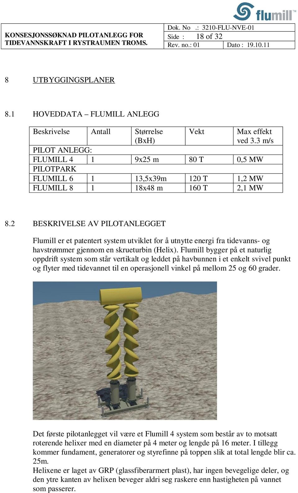 2 BESKRIVELSE AV PILOTANLEGGET Flumill er et patentert system utviklet for å utnytte energi fra tidevanns- og havstrømmer gjennom en skrueturbin (Helix).