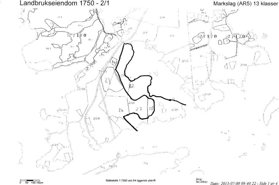 ; ; 1 7 1 0 50 100 150m Mélestokk 1:7500 ved A4