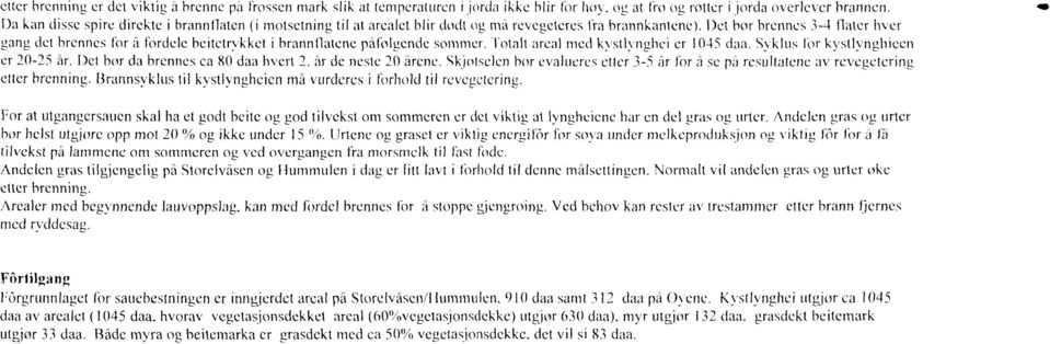 Det bor brennes 3-4 flater hver gang det brennes for å fordele beitetrvkket i brannflatene pafolgende sommer. Totalt areal med kystlyngbei er 1045 daa.