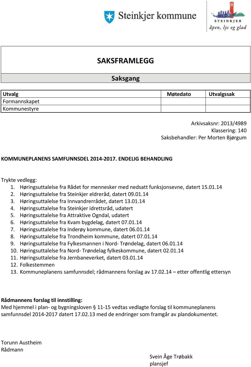 Høringsuttalelse fra Innvandrerrådet, datert 13.01.14 4. Høringsuttalelse fra Steinkjer idrettsråd, udatert 5. Høringsuttalelse fra Attraktive Ogndal, udatert 6.