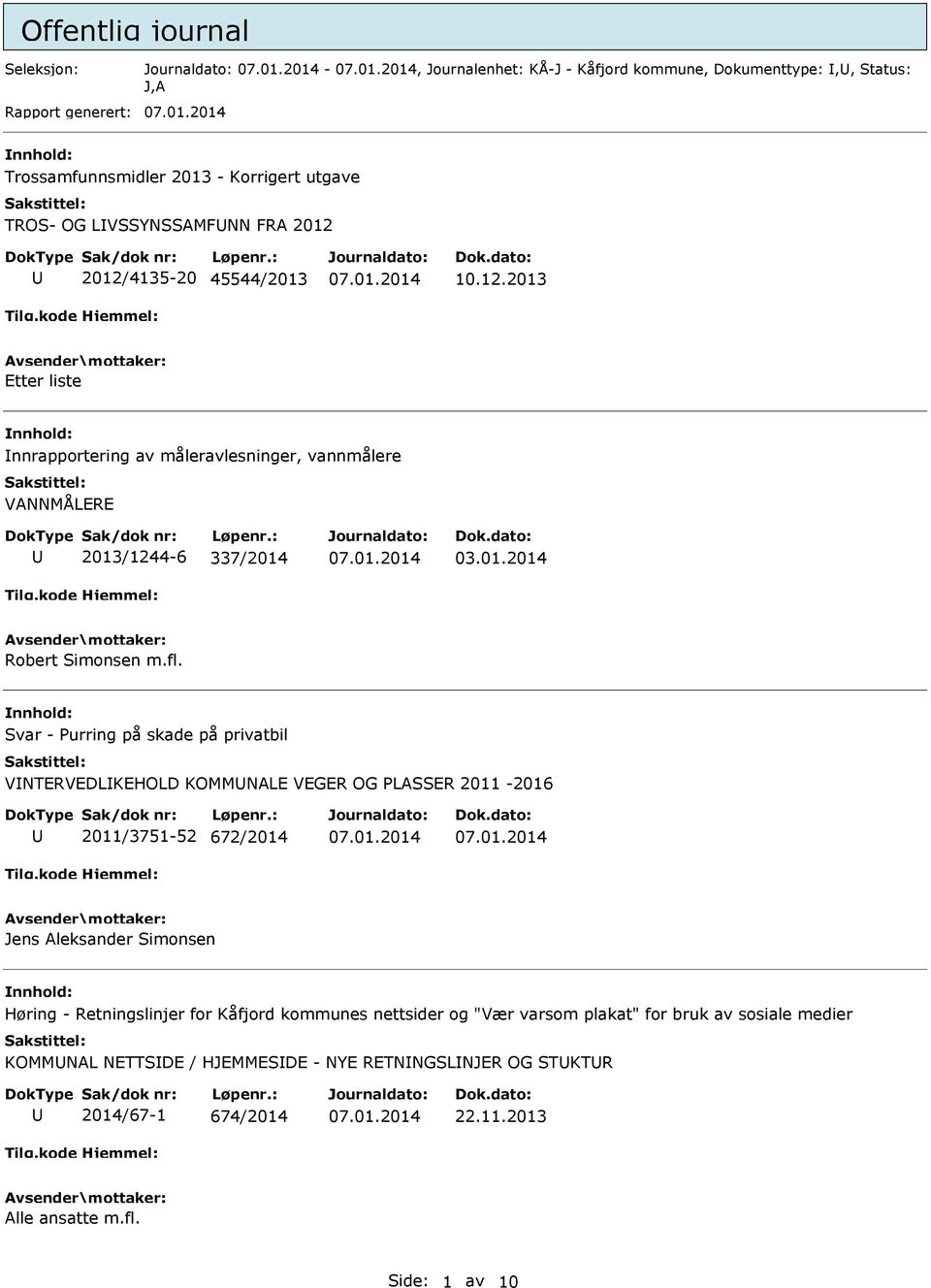 Svar - Purring på skade på privatbil VNTERVEDLKEHOLD KOMMNALE VEGER OG PLASSER 2011-2016 2011/3751-52 672/2014 Jens Aleksander Simonsen Høring - Retningslinjer for Kåfjord