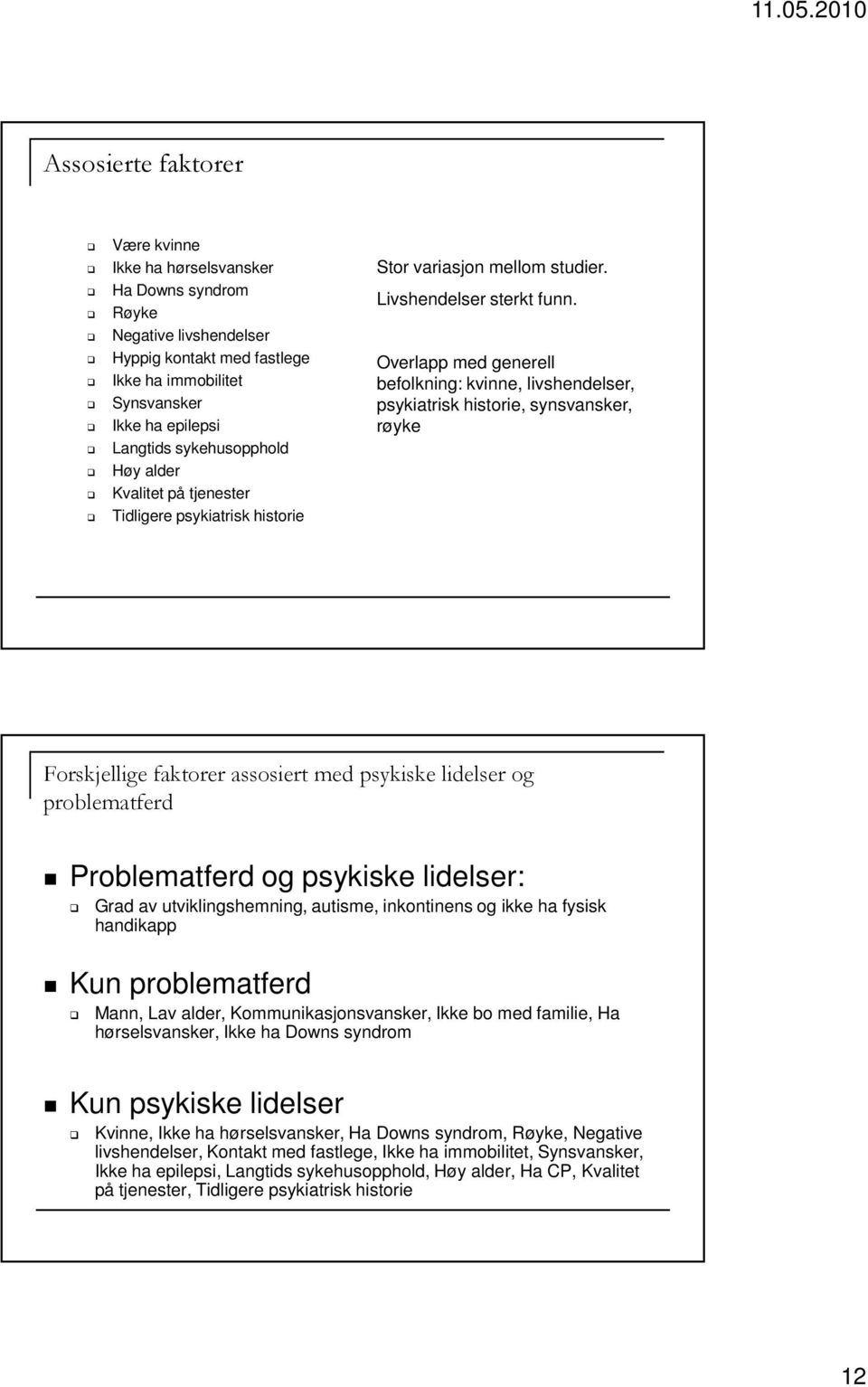 Overlapp med generell befolkning: kvinne, livshendelser, psykiatrisk historie, synsvansker, røyke Forskjellige faktorer assosiert med psykiske lidelser og problematferd Problematferd og psykiske