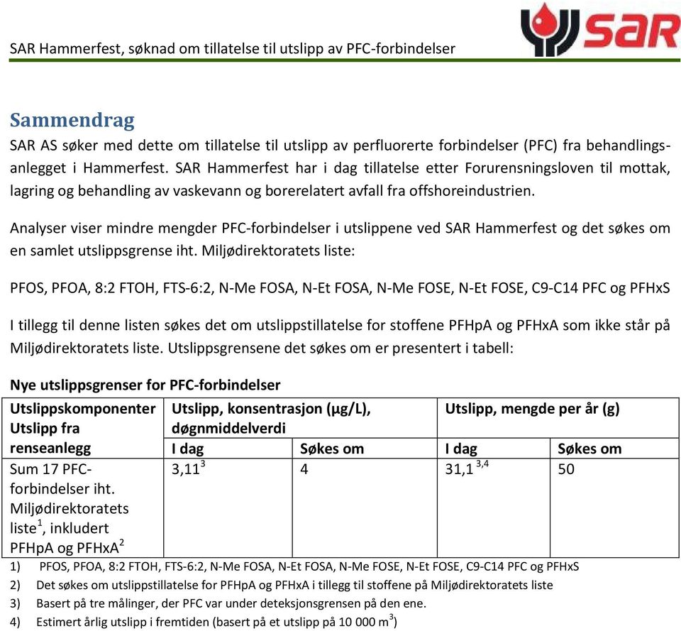 Analyser viser mindre mengder PFC-forbindelser i utslippene ved SAR Hammerfest og det søkes om en samlet utslippsgrense iht.