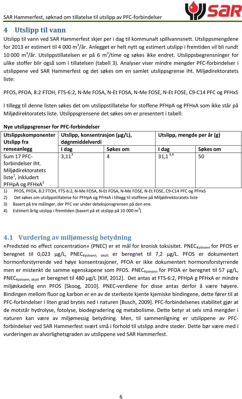 Utslippsbegrensninger for ulike stoffer blir også som i tillatelsen (tabell 3).