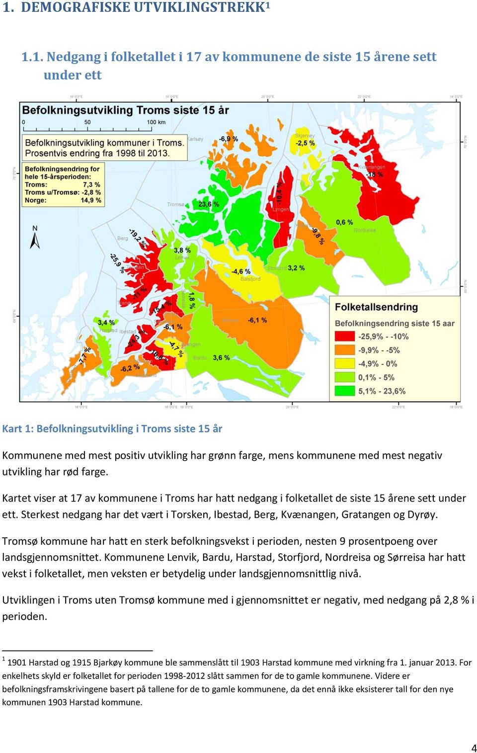 Sterkest nedgang har det vært i Torsken, Ibestad, Berg, Kvænangen, Gratangen og Dyrøy. Tromsø kommune har hatt en sterk befolkningsvekst i perioden, nesten 9 prosentpoeng over landsgjennomsnittet.