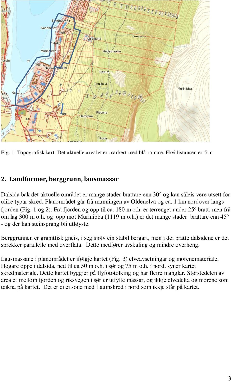 1 km nordover langs fjorden (Fig. 1 og 2). Frå fjorden og opp til ca. 180 m o.h. er terrenget under 25ᵒ bratt, men frå om lag 300 m o.h. og opp mot Murinibba (1119 m o.h.) er det mange stader brattare enn 45 - og der kan steinsprang bli utløyste.