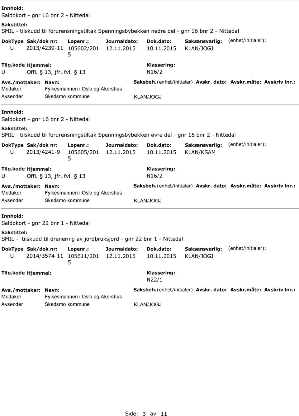 : Saldokort - gnr 16 bnr 2 - Nittedal SML - tilskudd til forurensningstiltak Spenningsbybekken øvre del - gnr 16 bnr 2 - Nittedal 2013/4241-9 1060/201 12.11.201 10.11.201 Tilg.kode Hjemmel: Offl.