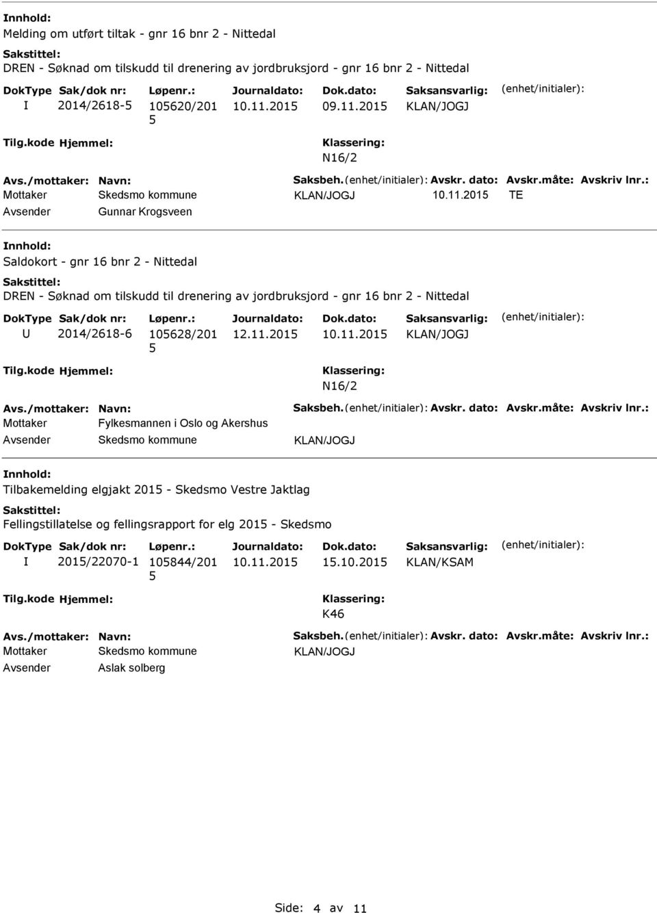 201 TE Gunnar Krogsveen Saldokort - gnr 16 bnr 2 - Nittedal DREN - Søknad om tilskudd til drenering av jordbruksjord - gnr 16 bnr 2 - Nittedal 2014/2618-6 10628/201 12.11.201 10.11.201 N16/2 Avs.