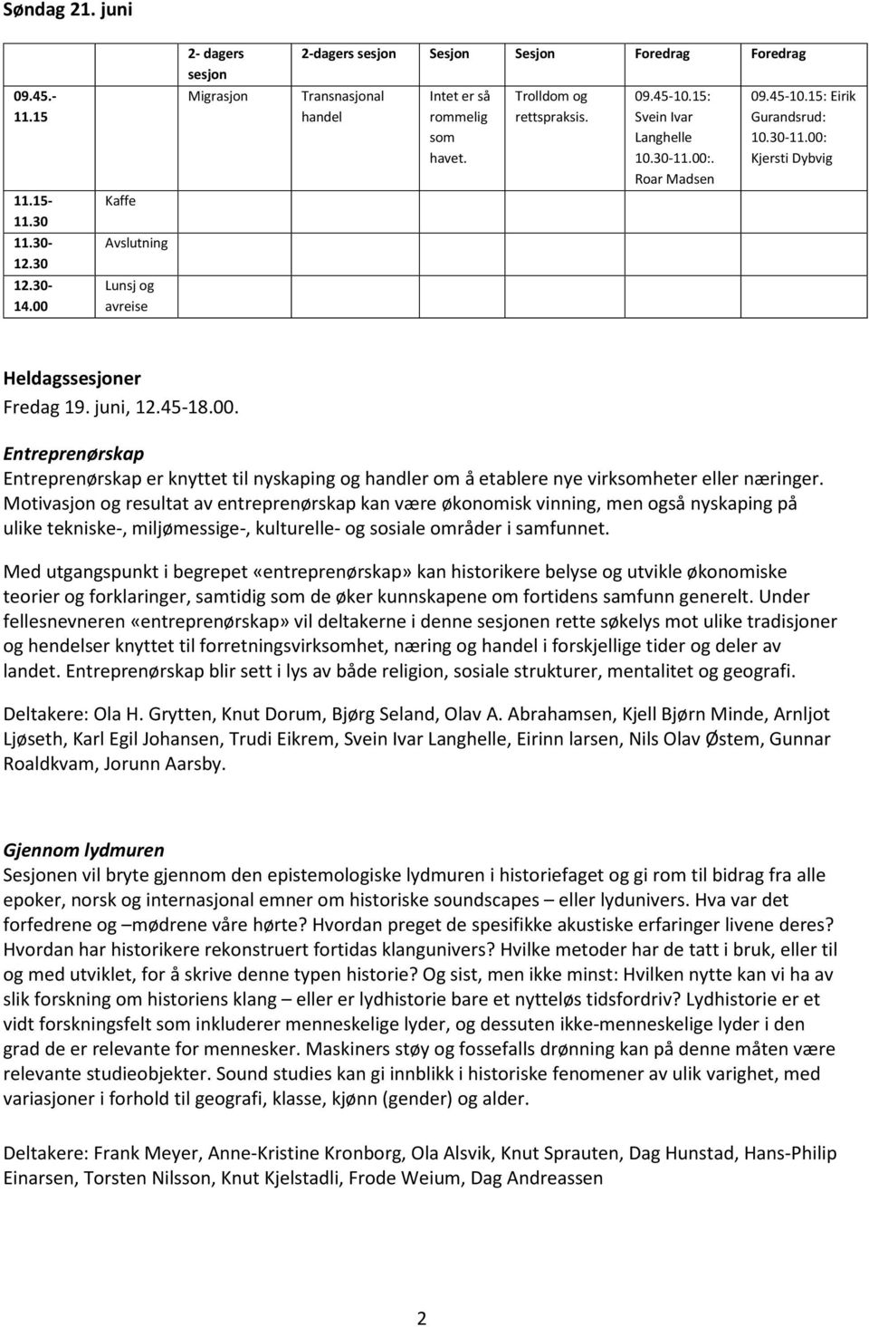 00 Kaffe Avslutning Lunsj og avreise Heldagssesjoner Fredag 19. juni, 12.45-18.00. Entreprenørskap Entreprenørskap er knyttet til nyskaping og handler om å etablere nye virksomheter eller næringer.