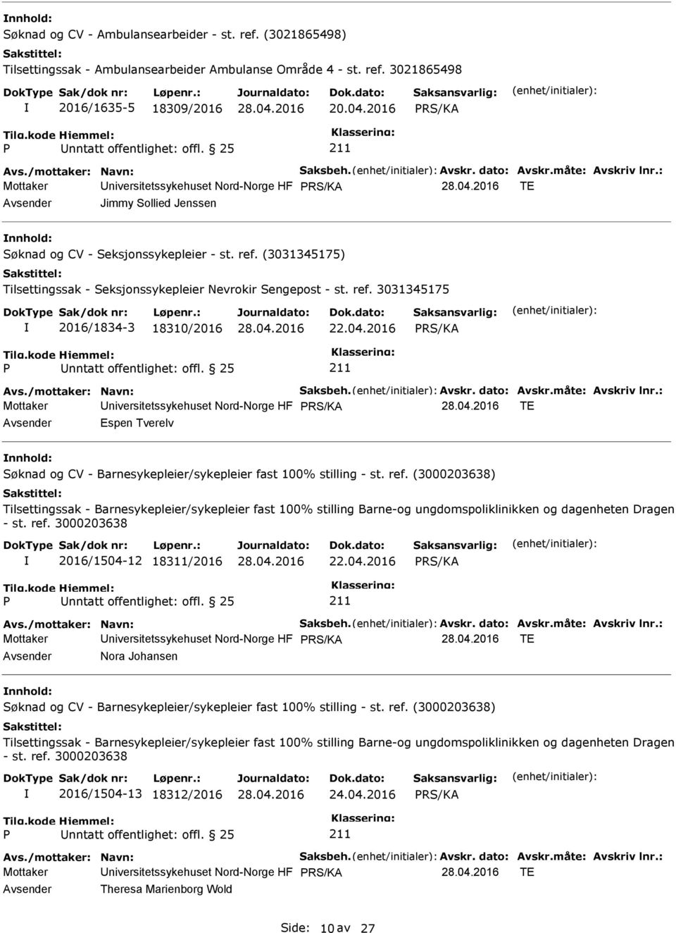 04.2016 nntatt offentlighet: offl. 25 Mottaker niversitetssykehuset Nord-Norge HF TE Espen Tverelv 2016/1504-12 18311/2016 22.04.2016 nntatt offentlighet: offl. 25 Mottaker niversitetssykehuset Nord-Norge HF TE Nora Johansen 2016/1504-13 18312/2016 24.
