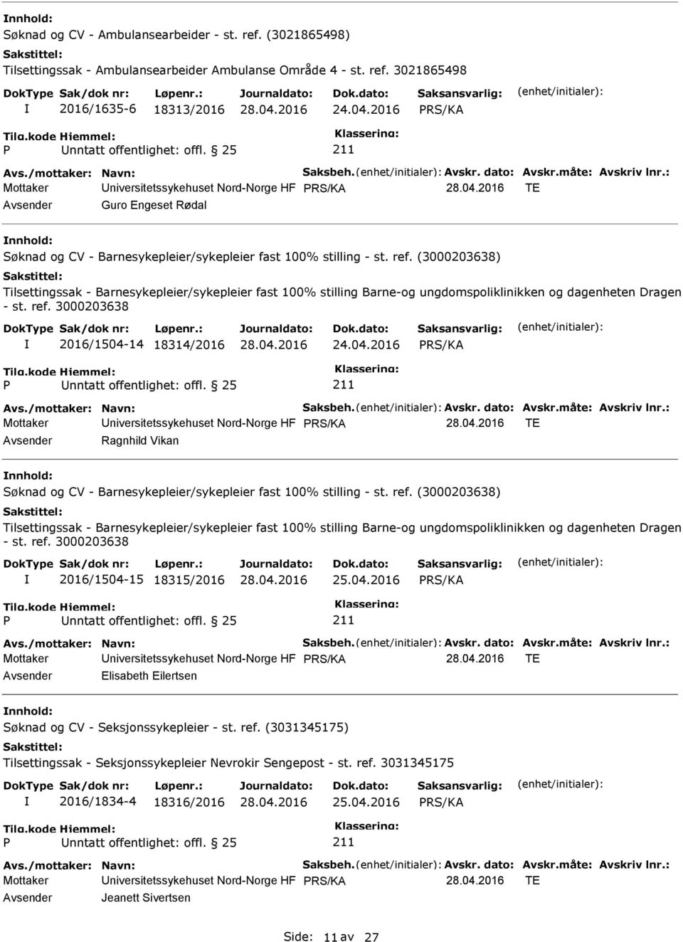 25 Mottaker niversitetssykehuset Nord-Norge HF TE Ragnhild Vikan 2016/1504-15 18315/2016 25.04.2016 nntatt offentlighet: offl.