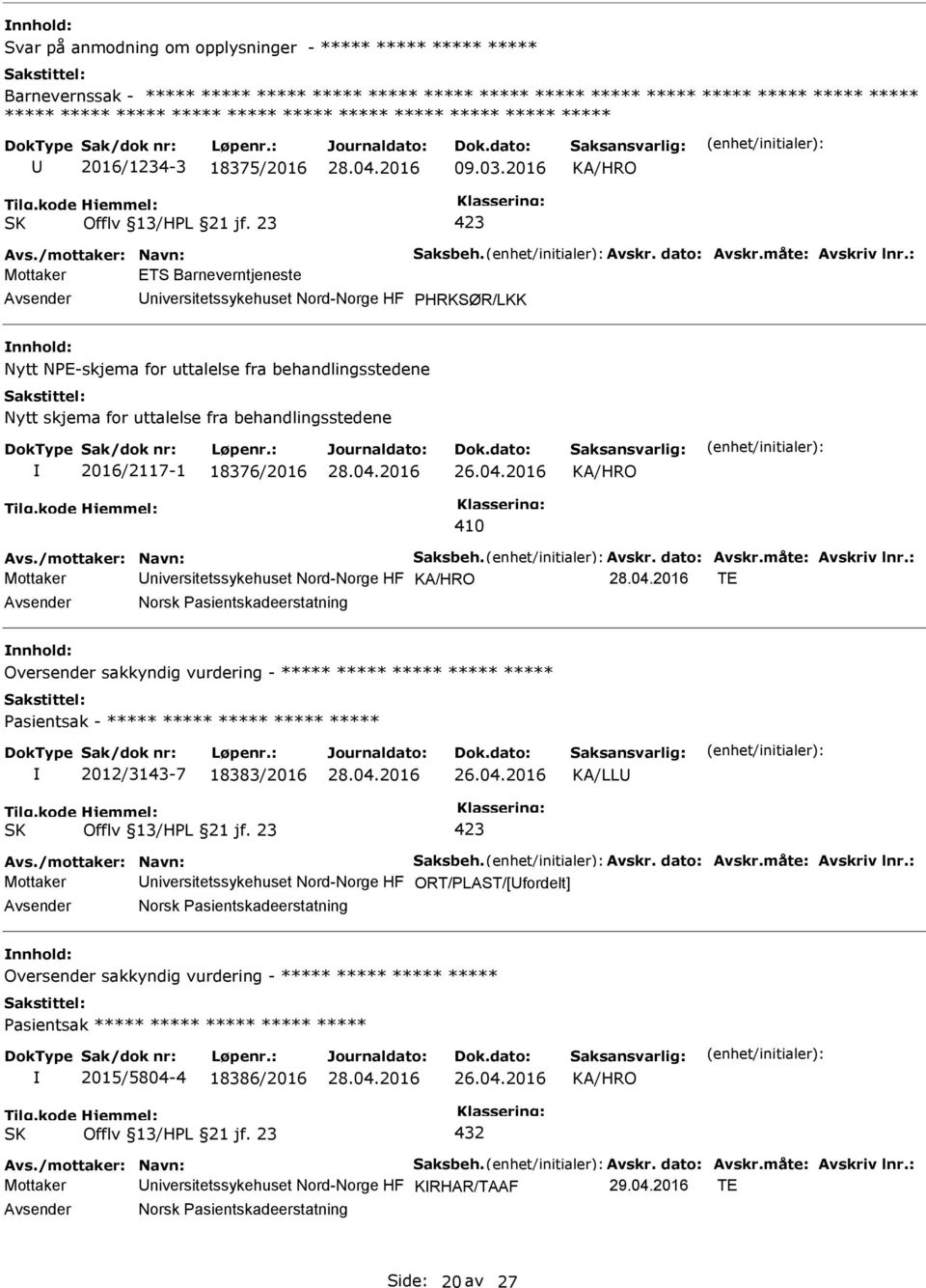 2016 Mottaker ETS Barneverntjeneste niversitetssykehuset Nord-Norge HF HRKSØR/LKK Nytt NE-skjema for uttalelse fra behandlingsstedene Nytt skjema for uttalelse fra behandlingsstedene 2016/7-1