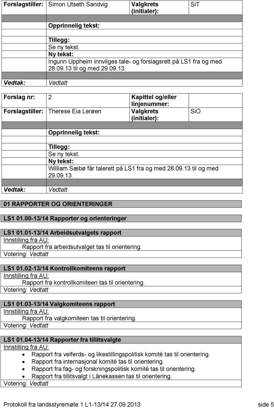 00-13/14 Rapporter og orienteringer LS1 01.01-13/14 Arbeidsutvalgets rapport Rapport fra arbeidsutvalget tas til orientering. Votering: LS1 01.