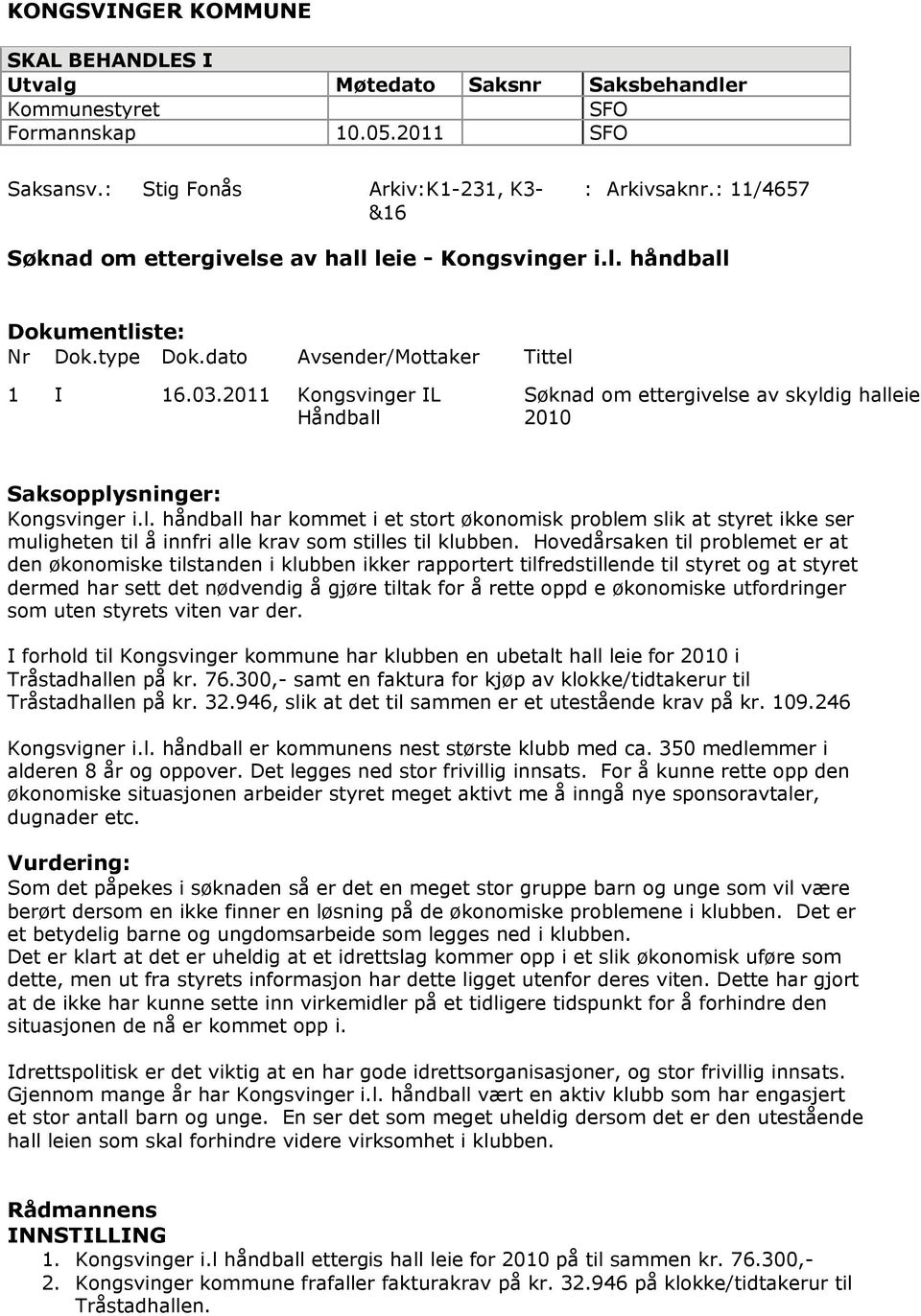 2011 Kongsvinger IL Håndball Søknad om ettergivelse av skyldig halleie 2010 Saksopplysninger: Kongsvinger i.l. håndball har kommet i et stort økonomisk problem slik at styret ikke ser muligheten til å innfri alle krav som stilles til klubben.