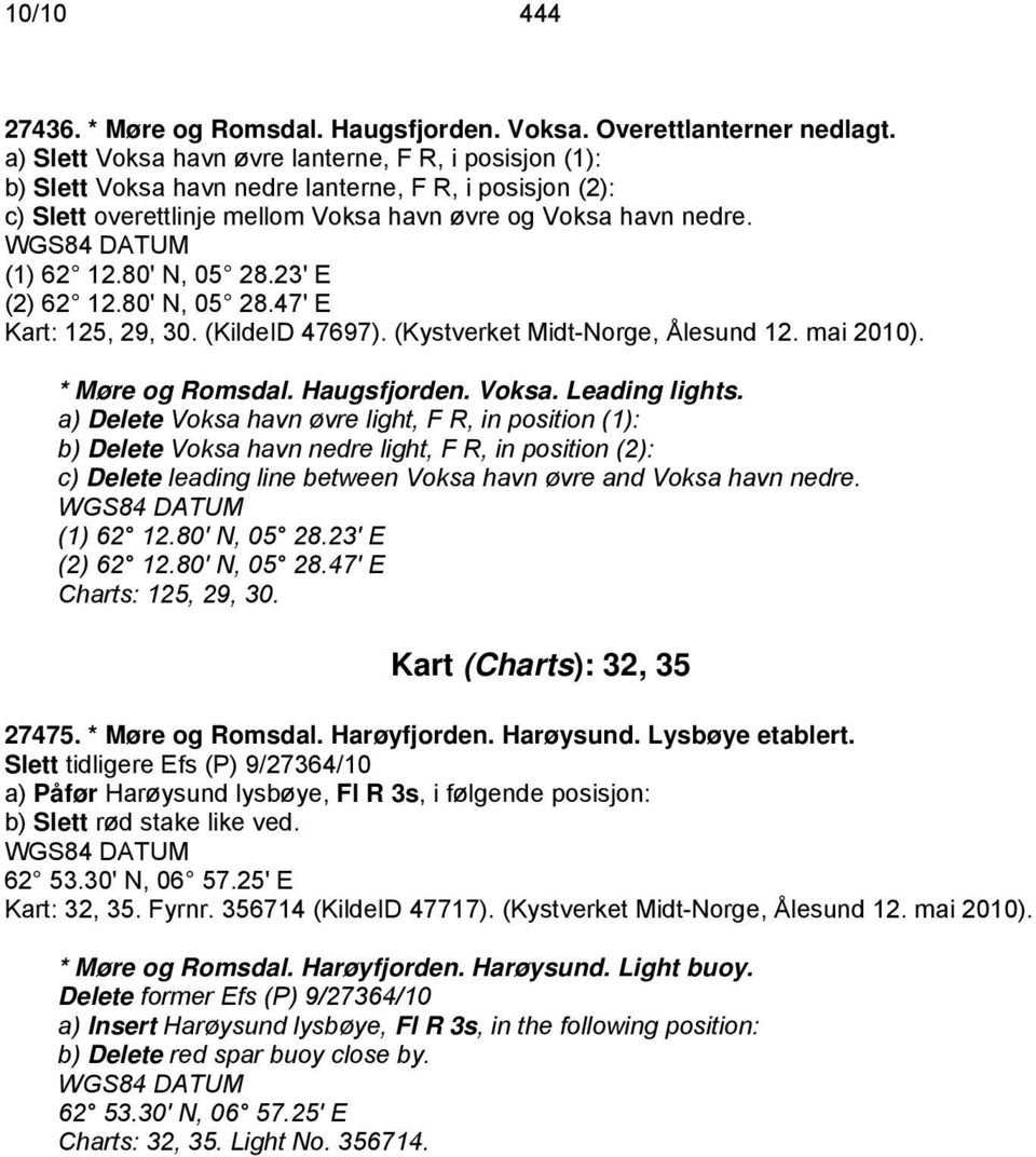 80' N, 05 28.23' E (2) 62 12.80' N, 05 28.47' E Kart: 125, 29, 30. (KildeID 47697). (Kystverket Midt-Norge, Ålesund 12. mai 2010). * Møre og Romsdal. Haugsfjorden. Voksa. Leading lights.