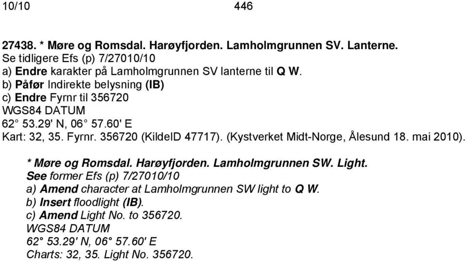 b) Påfør Indirekte belysning (IB) c) Endre Fyrnr til 356720 62 53.29' N, 06 57.60' E Kart: 32, 35. Fyrnr. 356720 (KildeID 47717).