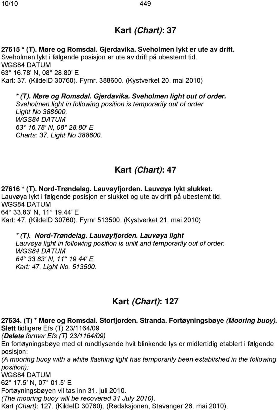 Sveholmen light in following position is temporarily out of order Light No 388600. 63 16.78' N, 08 28.80' E Charts: 37. Light No 388600. Kart (Chart): 47 27616 * (T). Nord-Trøndelag. Lauvøyfjorden.