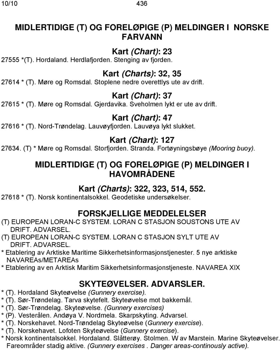 Lauvøya lykt slukket. Kart (Chart): 127 27634. (T) * Møre og Romsdal. Storfjorden. Stranda. Fortøyningsbøye (Mooring buoy).