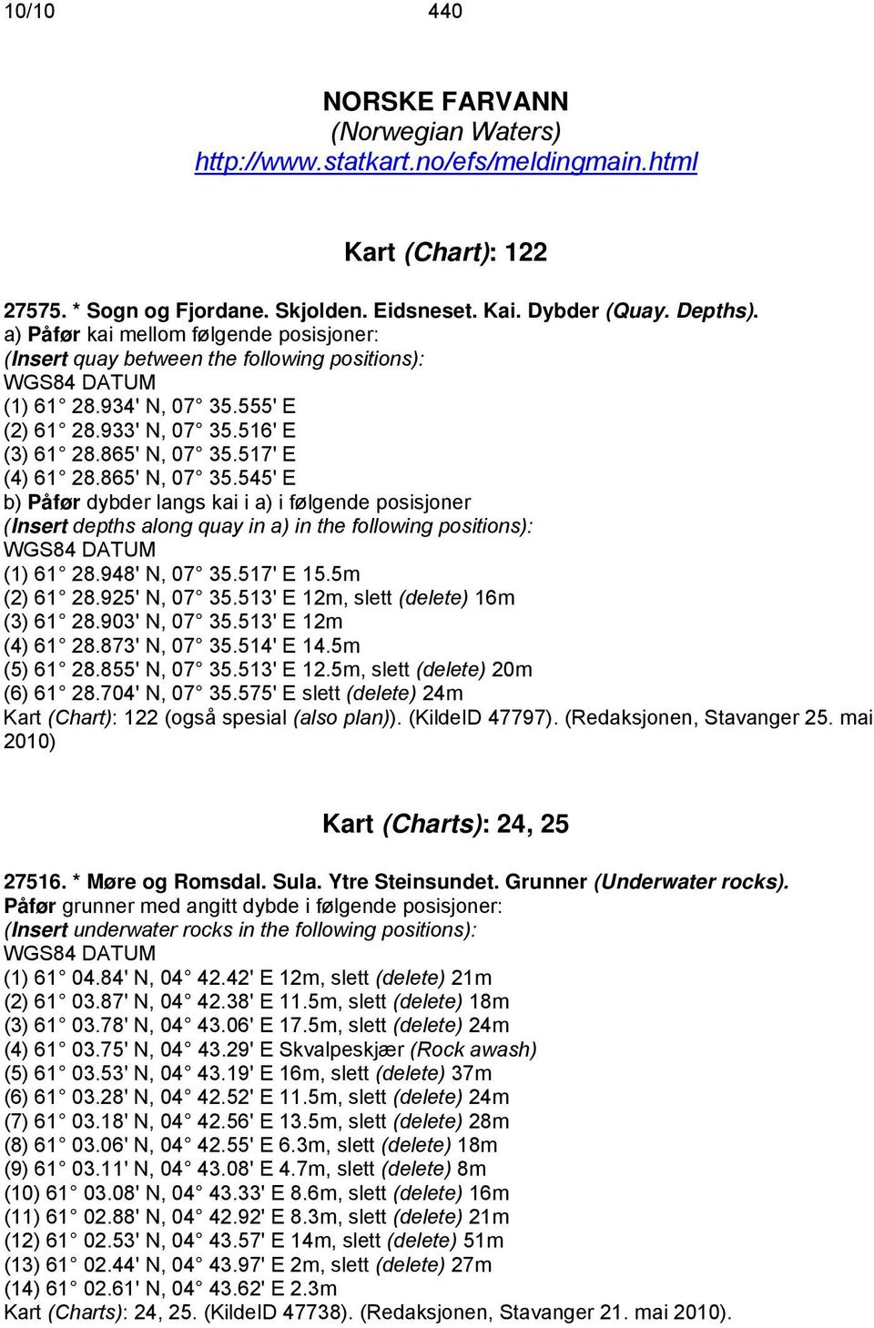 865' N, 07 35.545' E b) Påfør dybder langs kai i a) i følgende posisjoner (Insert depths along quay in a) in the following positions): (1) 61 28.948' N, 07 35.517' E 15.5m (2) 61 28.925' N, 07 35.