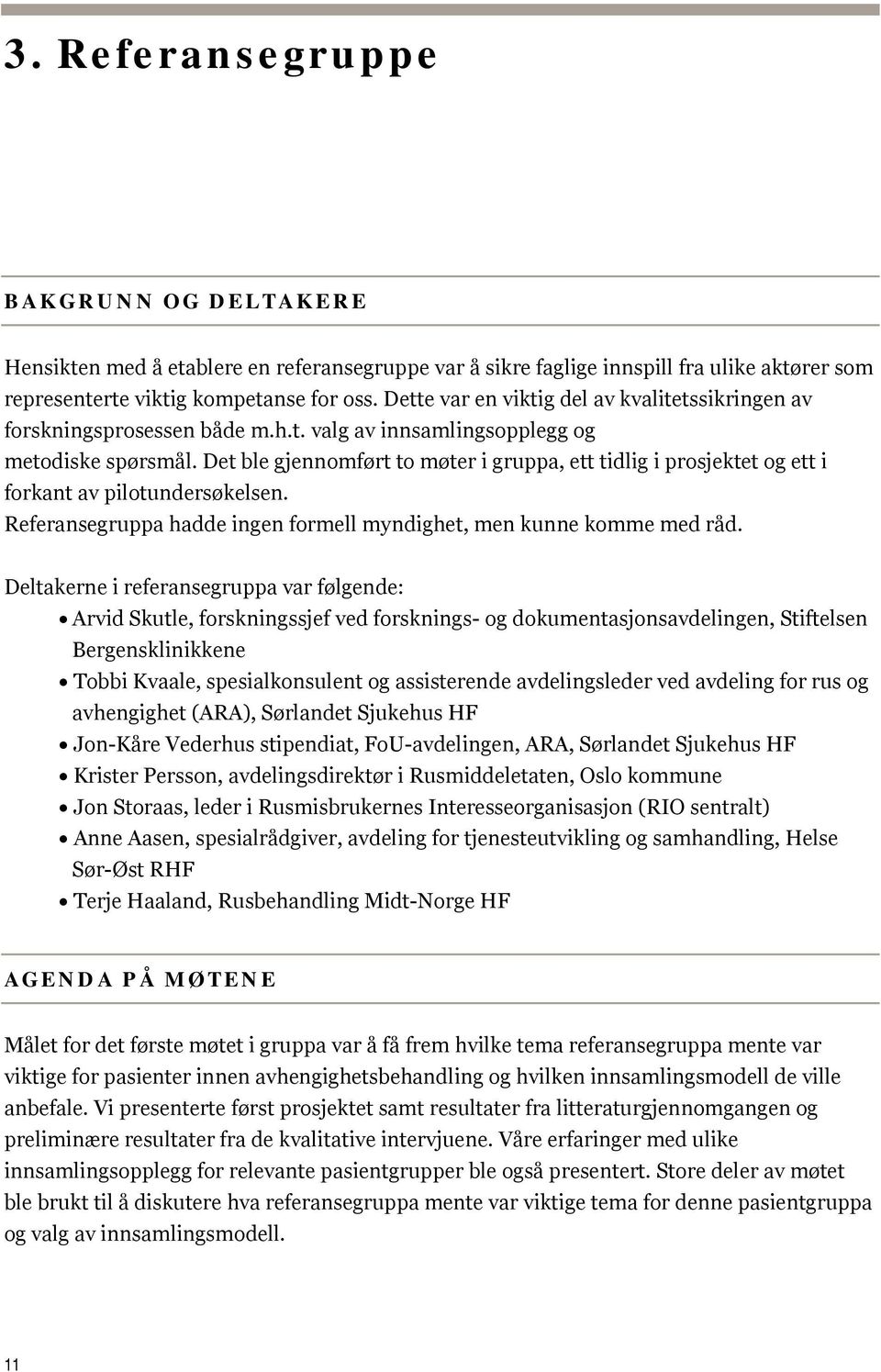 Det ble gjennomført to møter i gruppa, ett tidlig i prosjektet og ett i forkant av pilotundersøkelsen. Referansegruppa hadde ingen formell myndighet, men kunne komme med råd.