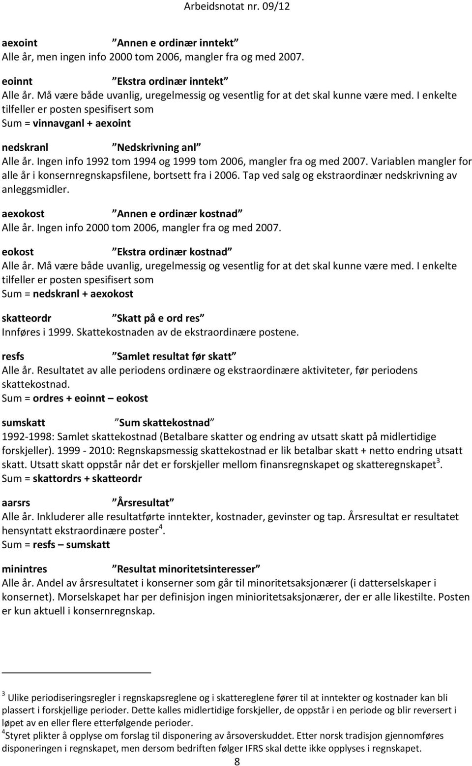 Ingen info 1992 tom 1994 og 1999 tom 2006, mangler fra og med 2007. Variablen mangler for alle år i konsernregnskapsfilene, bortsett fra i 2006.