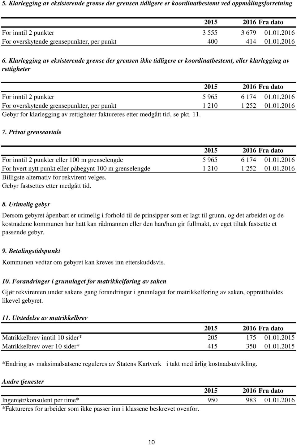 01.2016 Gebyr for klarlegging av rettigheter faktureres etter medgått tid, se pkt. 11. 7. Privat grenseavtale For inntil 2 punkter eller 100 m grenselengde 5 965 6 174 01.01.2016 For hvert nytt punkt eller påbegynt 100 m grenselengde 1 210 1 252 01.