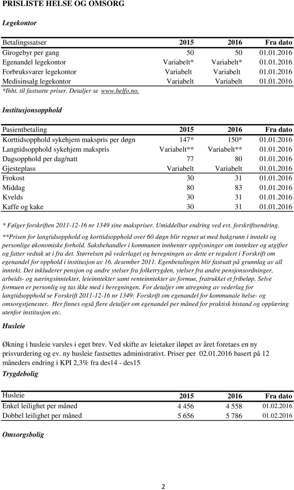 01.2016 Dagsopphold per dag/natt 77 80 01.01.2016 Gjesteplass Variabelt Variabelt 01.01.2016 Frokost 30 31 01.01.2016 Middag 80 83 01.01.2016 Kvelds 30 31 01.01.2016 Kaffe og kake 30 31 01.01.2016 * Følger forskriften 2011-12-16 nr 1349 sine makspriser.