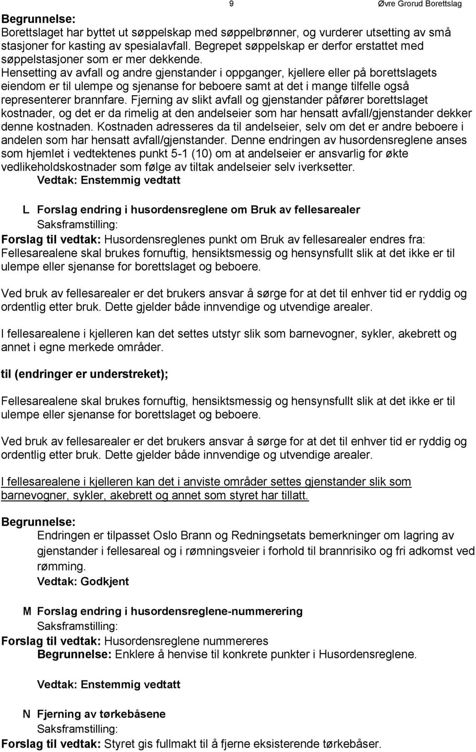 Hensetting av avfall og andre gjenstander i oppganger, kjellere eller pa borettslagets eiendom er til ulempe og sjenanse for beboere samt at det i mange tilfelle også representerer brannfare.