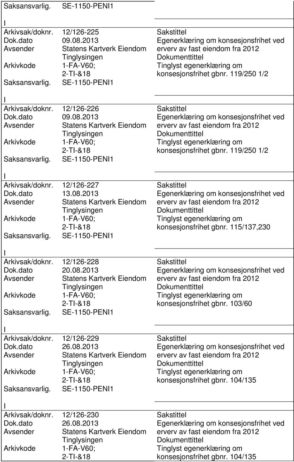 12/126-228 Sakstittel Dok.dato 20.08.2013 Egenerklæring om konsesjonsfrihet ved 2-T-&18 SE-1150-PEN1 konsesjonsfrihet gbnr. 103/60 Arkivsak/doknr. 12/126-229 Sakstittel Dok.dato 26.08.2013 Egenerklæring om konsesjonsfrihet ved 2-T-&18 SE-1150-PEN1 konsesjonsfrihet gbnr. 104/135 Arkivsak/doknr.