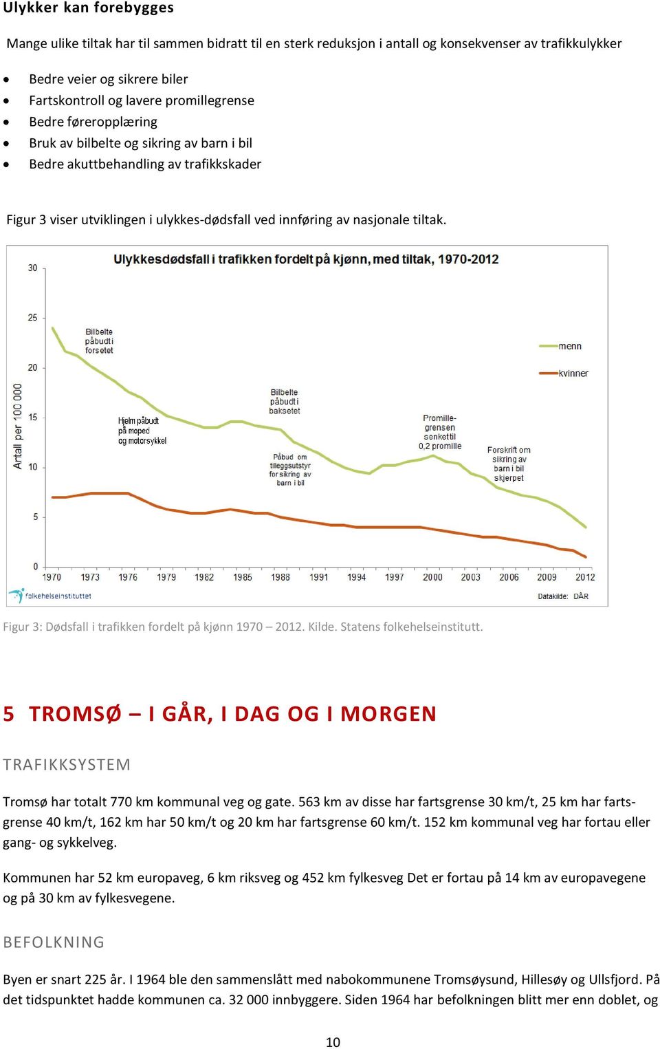 Figur 3: Dødsfall i trafikken fordelt på kjønn 1970 2012. Kilde. Statens folkehelseinstitutt. 5 TROMSØ I GÅR, I DAG OG I MORGEN TRAFIKKSYSTEM Tromsø har totalt 770 km kommunal veg og gate.