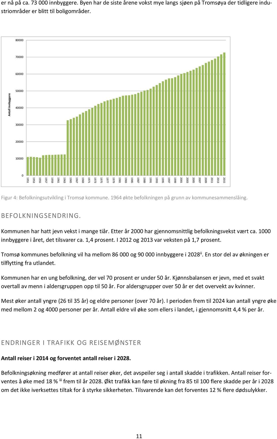 2011 2013 2015 Figur 4: Befolkningsutvikling i Tromsø kommune. 1964 økte befolkningen på grunn av kommunesammenslåing. BEFOLKNINGSENDRING. Kommunen har hatt jevn vekst i mange tiår.