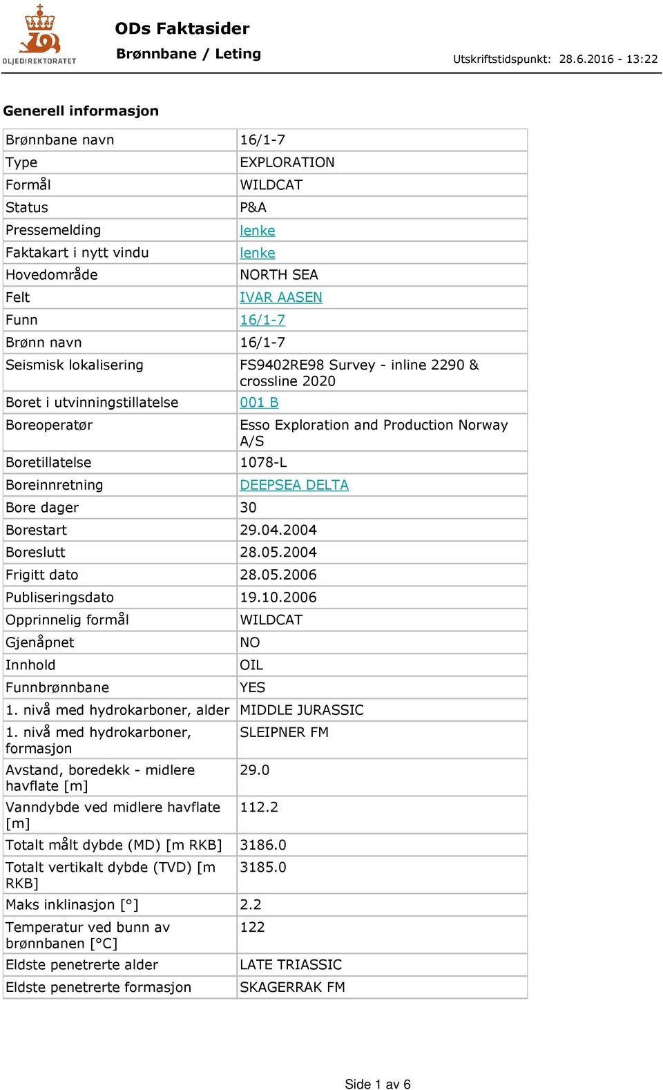 Production Norway A/S DEEPSEA DELTA Borestart 29.04.2004 Boreslutt 28.05.2004 Frigitt dato 28.05.2006 Publiseringsdato 19.10.