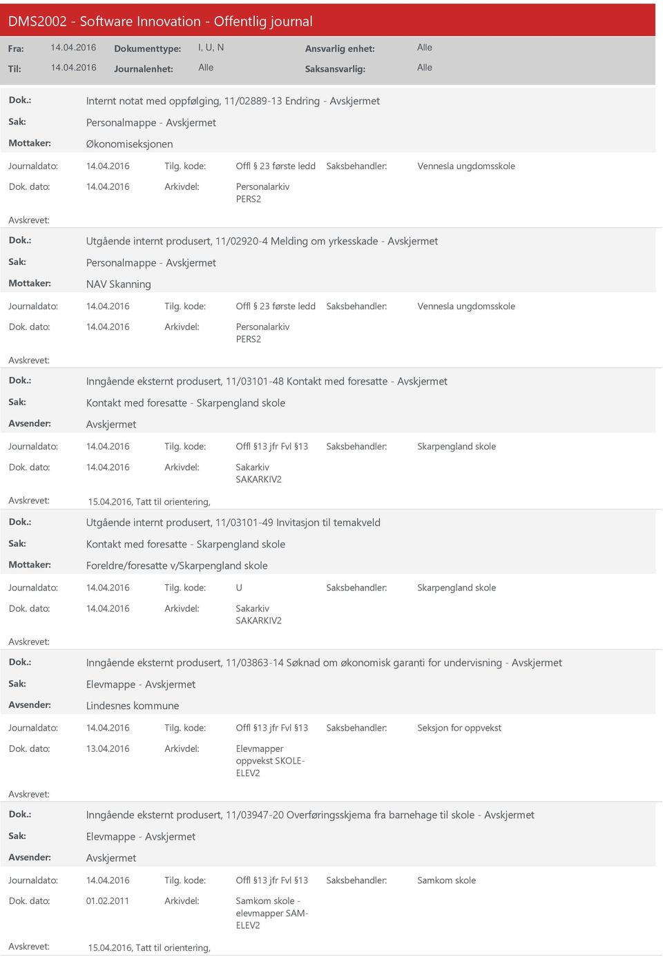 2016, Tatt til orientering, tgående internt produsert, 11/03101-49 Invitasjon til temakveld Kontakt med foresatte - Foreldre/foresatte v/ Inngående eksternt produsert, 11/03863-14 Søknad om