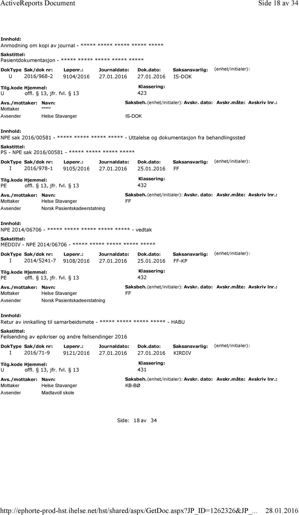 : S-DOK NPE sak 2016/00581 - ***** ***** ***** ***** - ttalelse og dokumentasjon fra behandlingssted PS - NPE sak 2016/00581 - ***** ***** ***** ***** 2016/978-1 9105/2016 FF PE offl. 13, jfr. fvl.