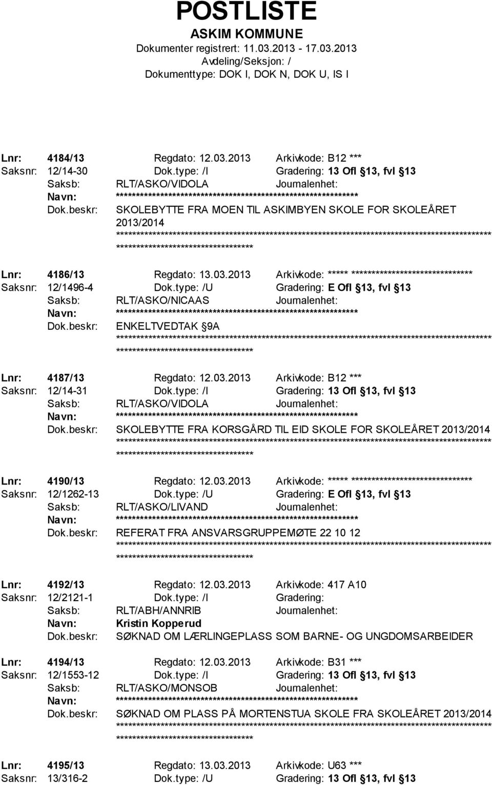 2013 Arkivkode: ***** ****************************** Saksnr: 12/1496-4 Dok.