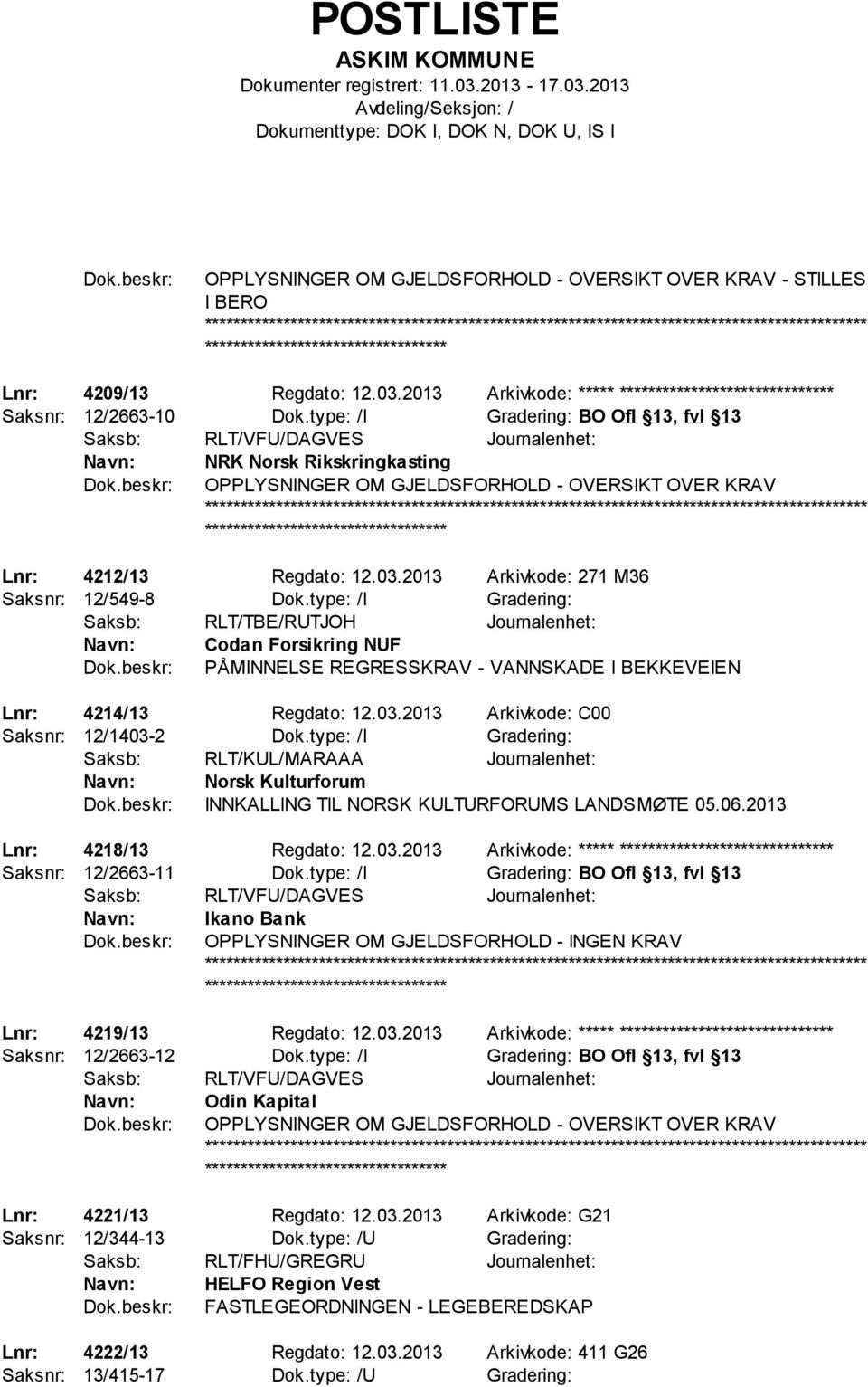 type: /I Gradering: Saksb: RLT/TBE/RUTJOH Journalenhet: Codan Forsikring NUF PÅMINNELSE REGRESSKRAV - VANNSKADE I BEKKEVEIEN Lnr: 4214/13 Regdato: 12.03.2013 Arkivkode: C00 Saksnr: 12/1403-2 Dok.