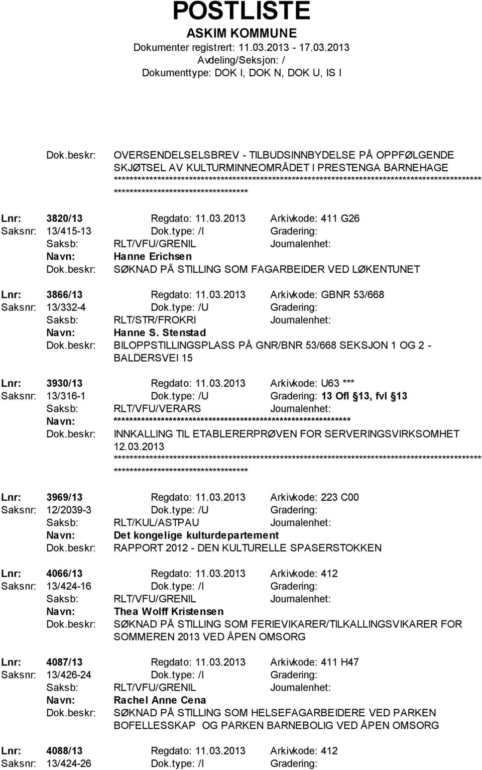 type: /U Gradering: Saksb: RLT/STR/FROKRI Journalenhet: Hanne S. Stenstad BILOPPSTILLINGSPLASS PÅ GNR/BNR 53/668 SEKSJON 1 OG 2 - BALDERSVEI 15 Lnr: 3930/13 Regdato: 11.03.