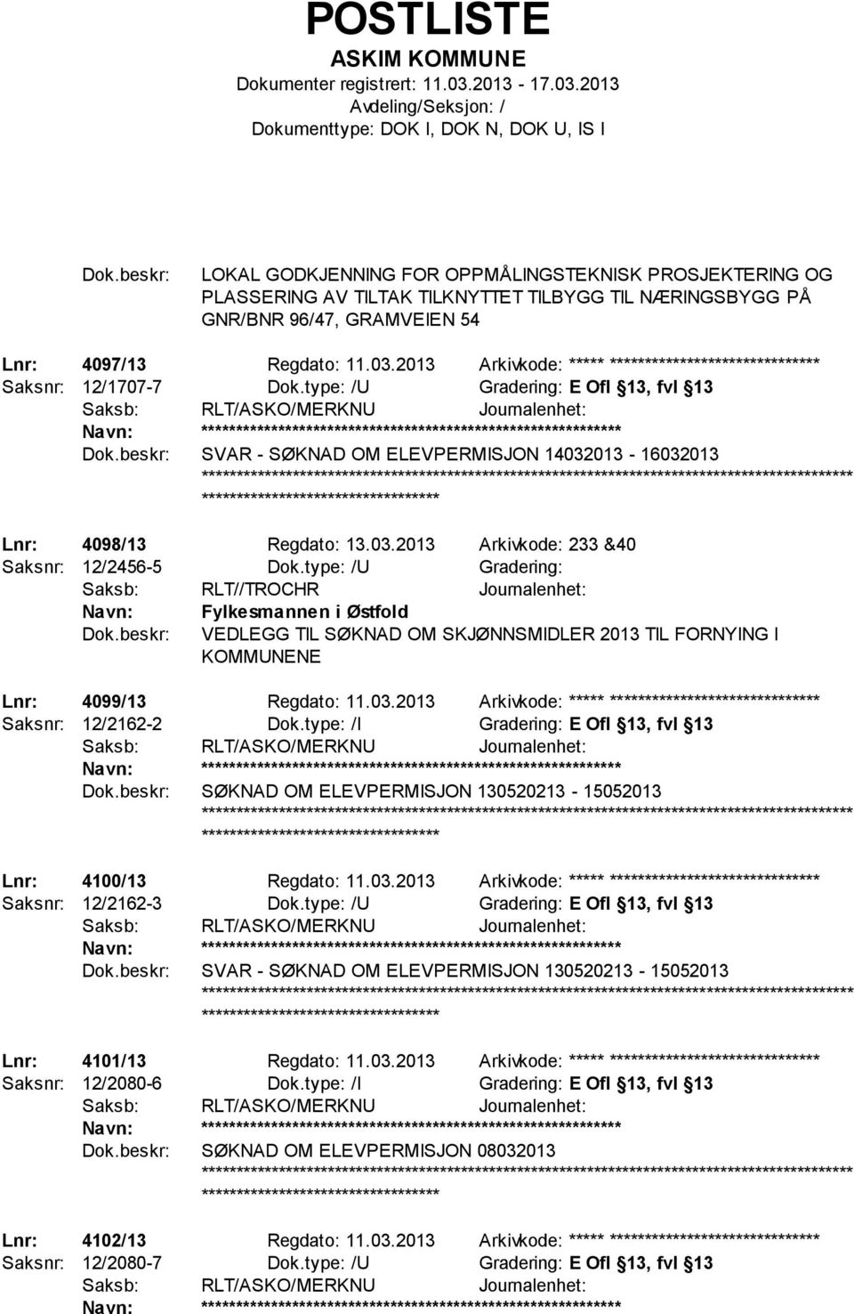 type: /U Gradering: E Ofl 13, fvl 13 Saksb: RLT/ASKO/MERKNU Journalenhet: ************************** SVAR - SØKNAD OM ELEVPERMISJON 14032013-16032013 Lnr: 4098/13 Regdato: 13.03.2013 Arkivkode: 233 &40 Saksnr: 12/2456-5 Dok.